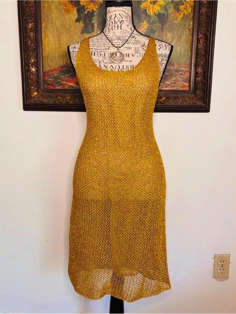 Vintage Anne Klein Metallic Gold Scoop Neck Metallic Slip Dress